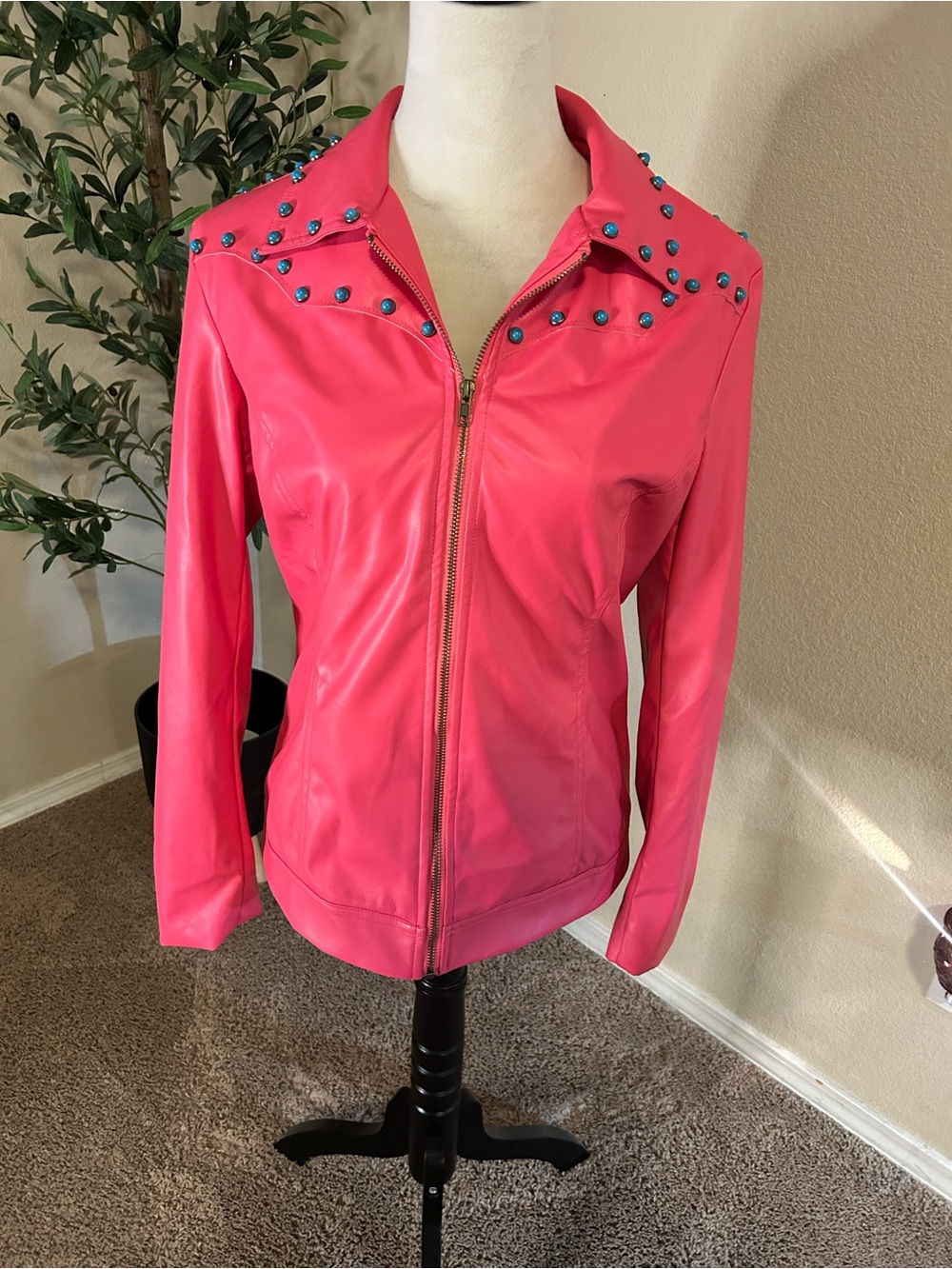 Lucky & Blessed Faux Leather Jacket Hot Pink Turquoise Studded NWT